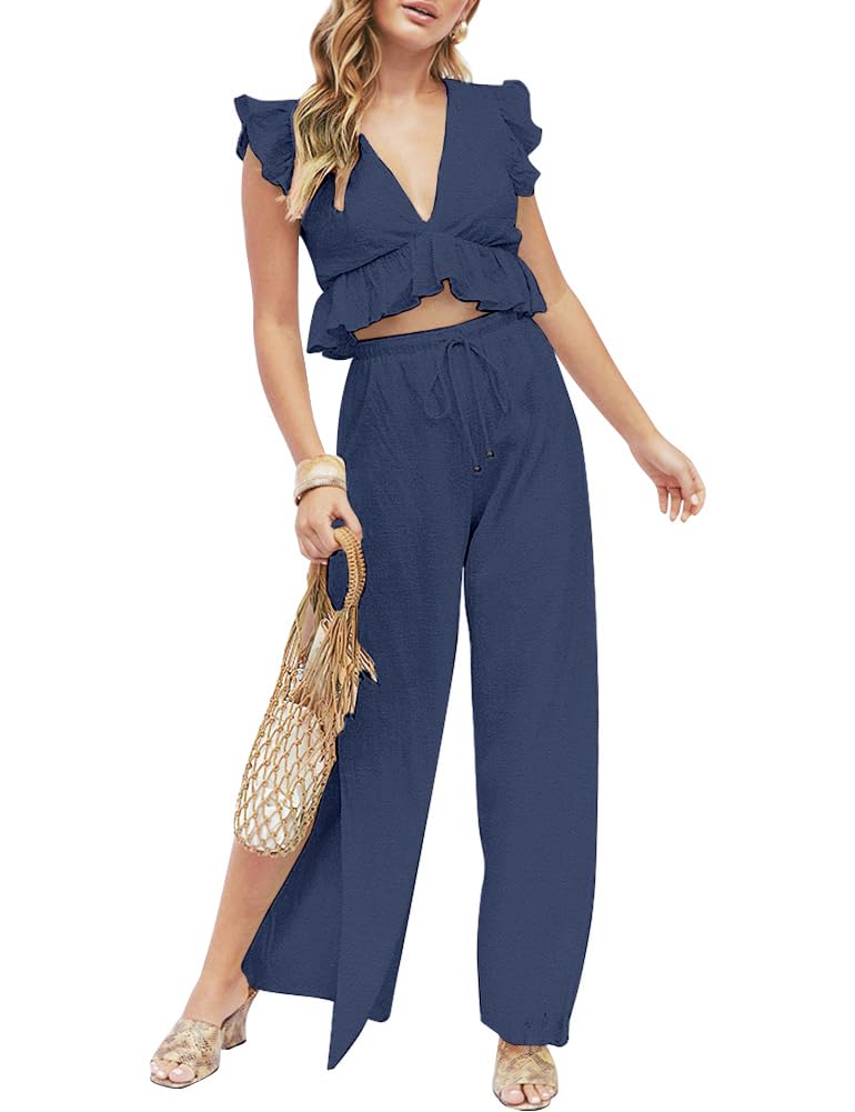 FANCYINN Womens 2 Pieces Outfits Deep V Neck Crop Top Side Slit Drawstring Wide Leg Pants Set Jumpsuits Navy Blue L - Image 2